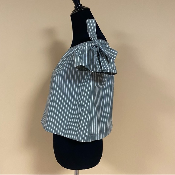 5/$20 Lush Green White Stripe Off the Shoulder Cotton Blouse Top Bows XS - Picture 7 of 10
